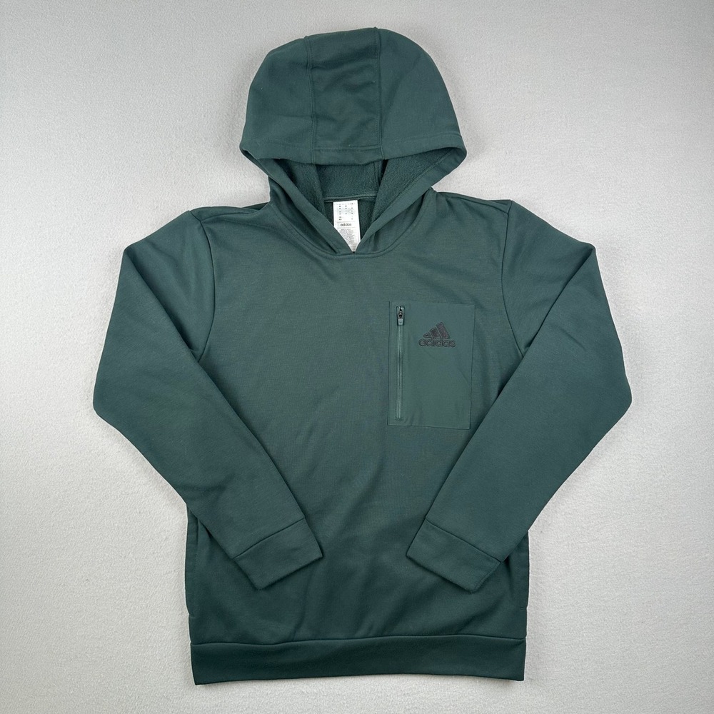 Adidas Hoodie Mens Medium Green Zip Chest Pocket Fleece Pullover JG8148